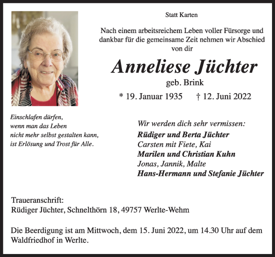 Traueranzeige von Anneliese Jüchter von Neue Osnabrücker Zeitung GmbH & Co. KG