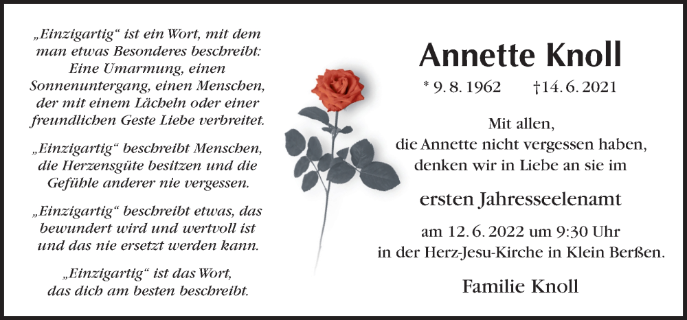  Traueranzeige für Annette Knoll vom 08.06.2022 aus Neue Osnabrücker Zeitung GmbH & Co. KG