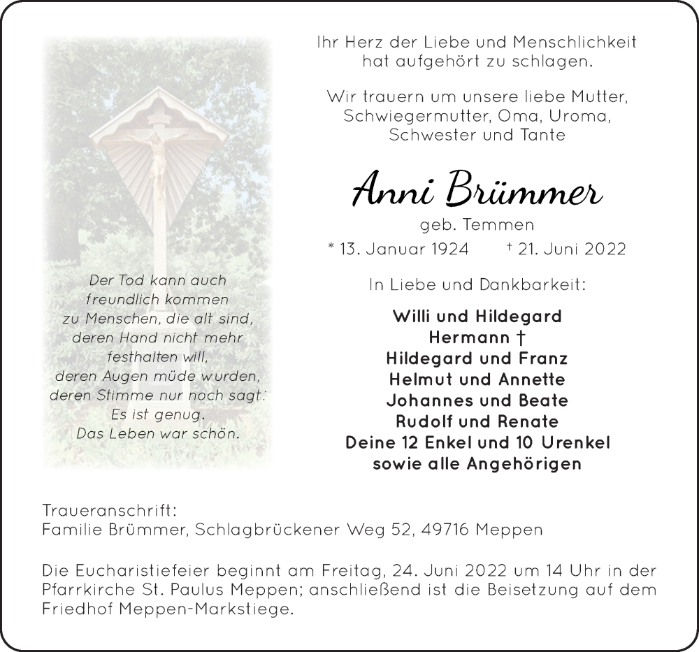  Traueranzeige für Anni Brümmer vom 23.06.2022 aus Neue Osnabrücker Zeitung GmbH & Co. KG