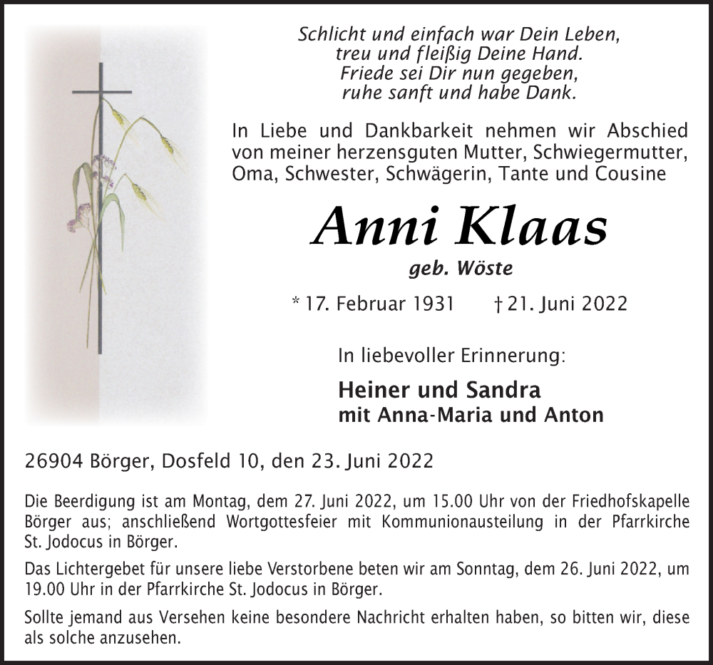  Traueranzeige für Anni Klaas vom 23.06.2022 aus Neue Osnabrücker Zeitung GmbH & Co. KG