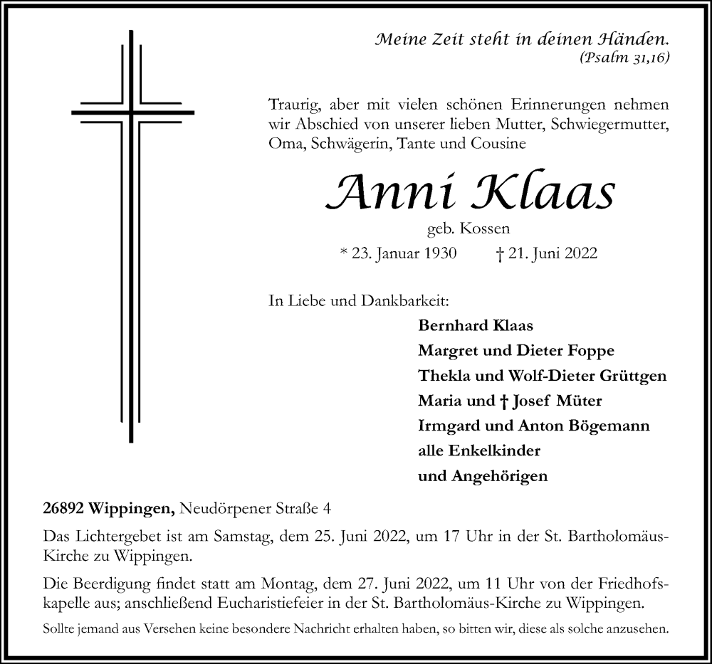  Traueranzeige für Anni Klaas vom 24.06.2022 aus Neue Osnabrücker Zeitung GmbH & Co. KG