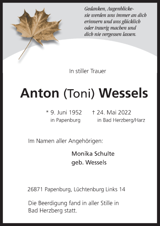 Traueranzeige von Anton Wessels von Neue Osnabrücker Zeitung GmbH & Co. KG