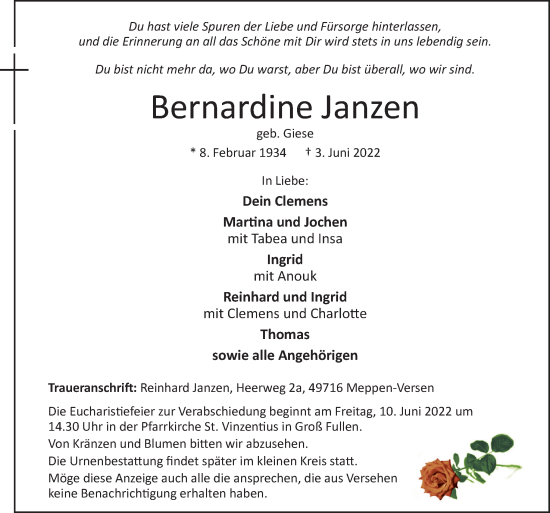 Traueranzeige von Bernardine Janzen von Neue Osnabrücker Zeitung GmbH & Co. KG