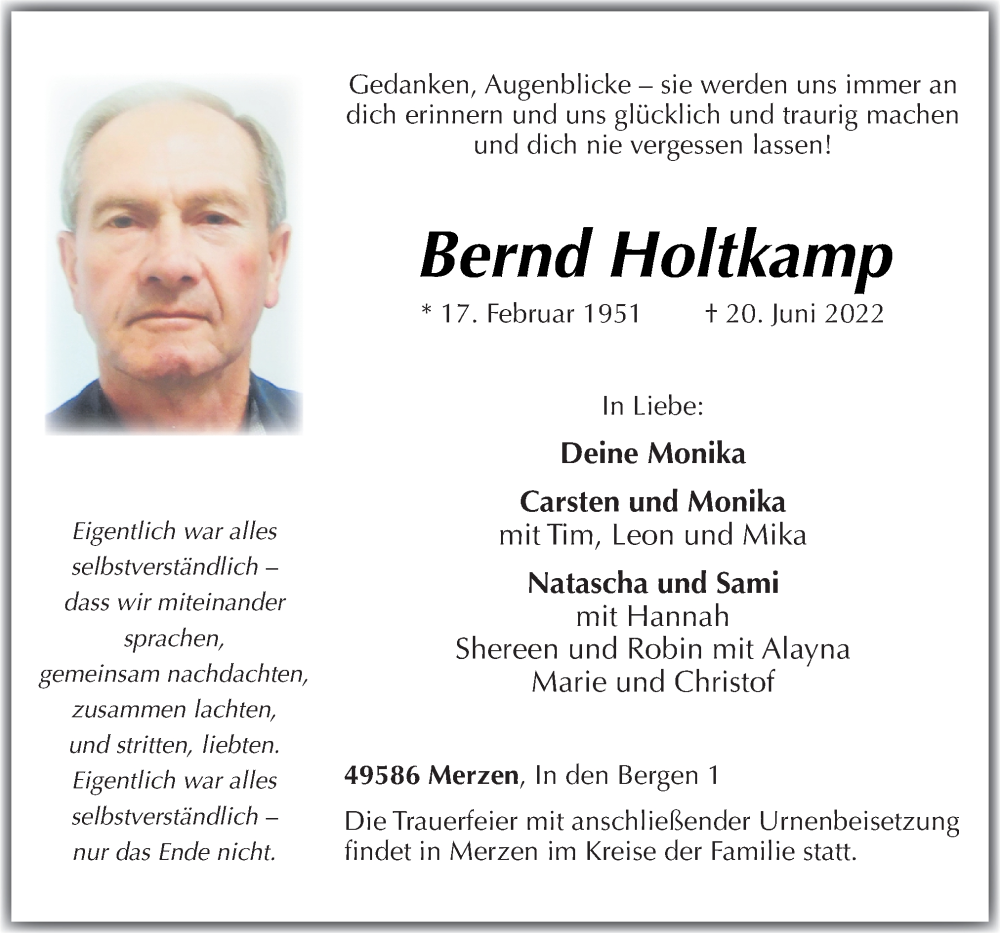  Traueranzeige für Bernd Holtkamp vom 25.06.2022 aus Neue Osnabrücker Zeitung GmbH & Co. KG