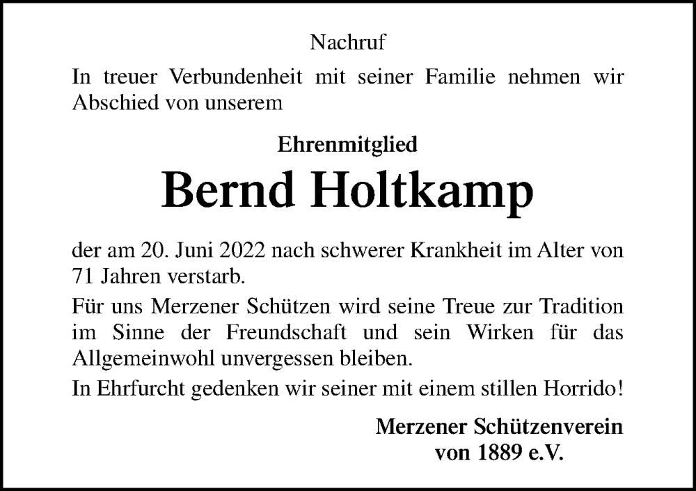  Traueranzeige für Bernd Holtkamp vom 27.06.2022 aus Neue Osnabrücker Zeitung GmbH & Co. KG