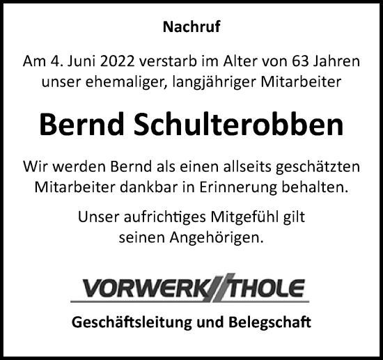 Traueranzeige von Bernd Schulterobben von Neue Osnabrücker Zeitung GmbH & Co. KG