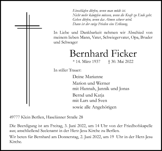 Traueranzeige von Bernhard Ficker von Neue Osnabrücker Zeitung GmbH & Co. KG