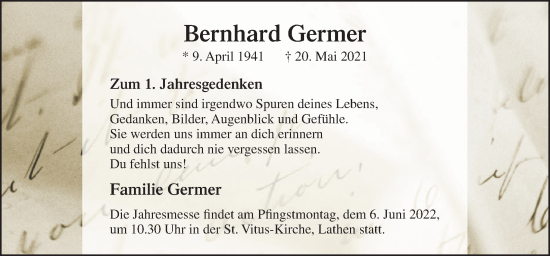 Traueranzeige von Bernhard Germer von Neue Osnabrücker Zeitung GmbH & Co. KG