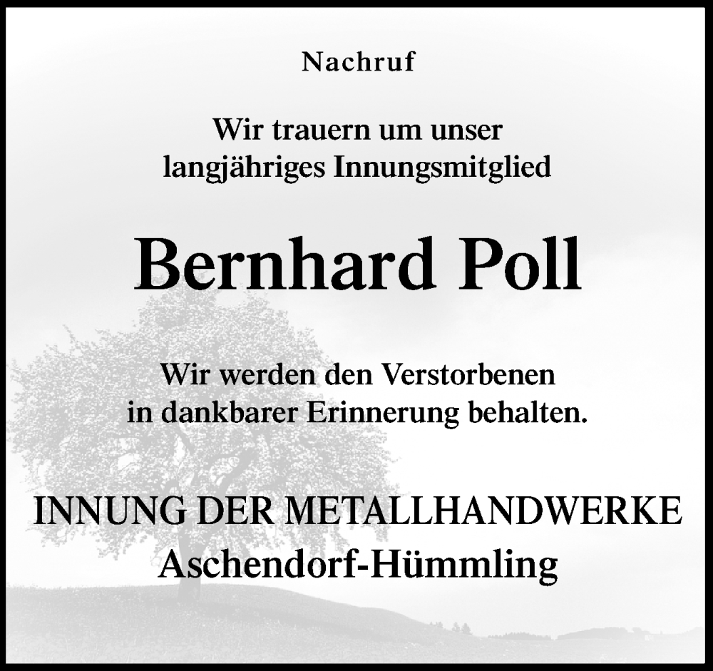  Traueranzeige für Bernhard Poll vom 03.06.2022 aus Neue Osnabrücker Zeitung GmbH & Co. KG