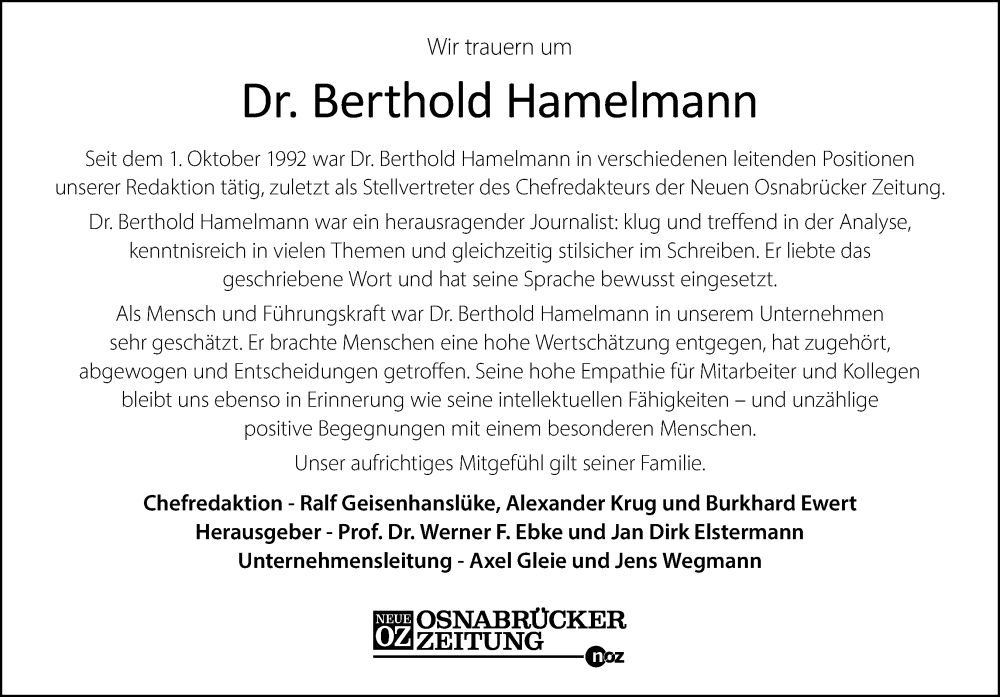  Traueranzeige für Berthold Hamelmann vom 25.06.2022 aus DK Medien GmbH & Co. KG