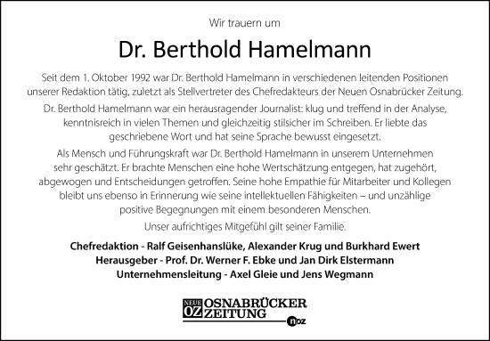Traueranzeige von Berthold Hamelmann von DK Medien GmbH & Co. KG