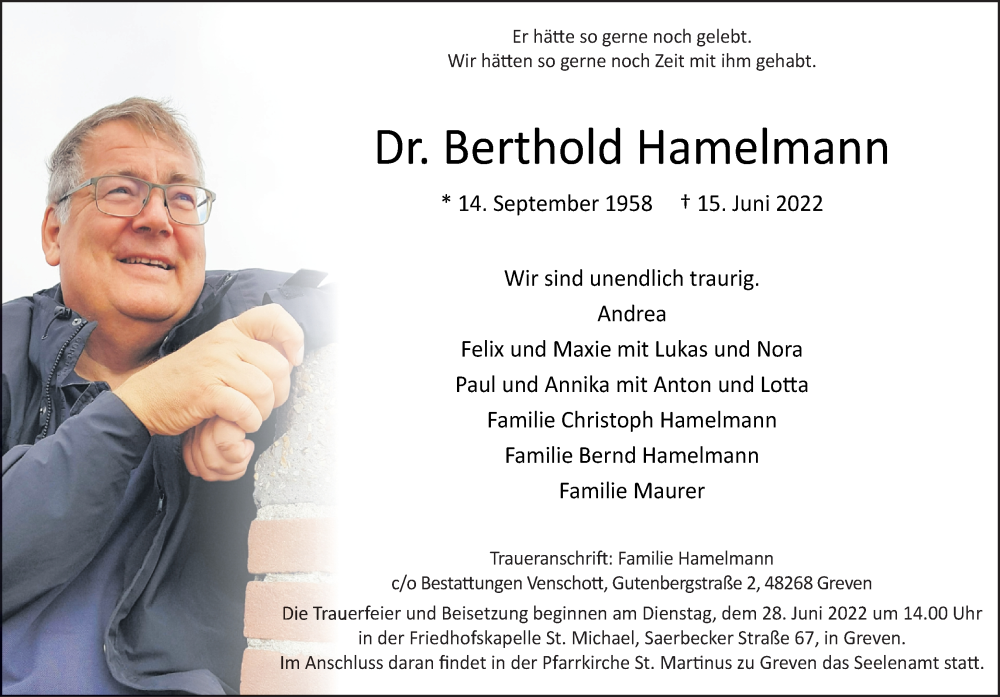  Traueranzeige für Berthold Hamelmann vom 25.06.2022 aus DK Medien GmbH & Co. KG