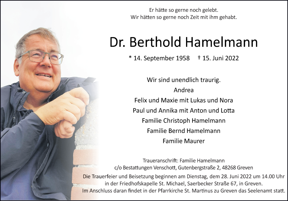  Traueranzeige für Berthold Hamelmann vom 25.06.2022 aus Neue Osnabrücker Zeitung GmbH & Co. KG