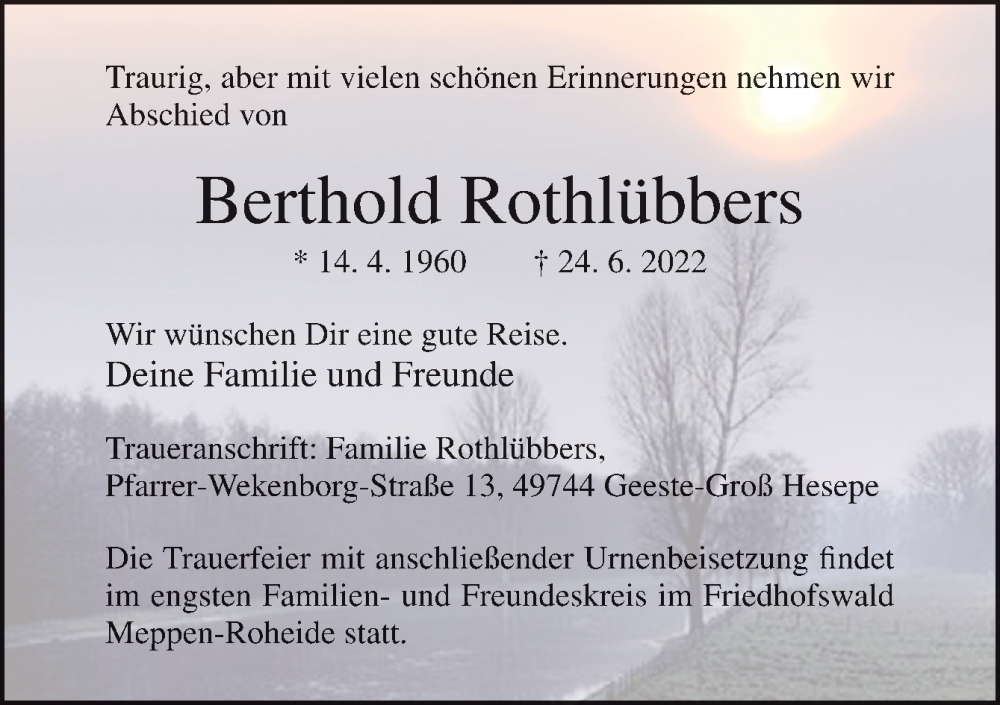  Traueranzeige für Berthold Rothlübbers vom 28.06.2022 aus Neue Osnabrücker Zeitung GmbH & Co. KG