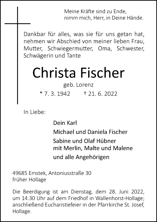 Traueranzeige von Christa Fischer von Neue Osnabrücker Zeitung GmbH & Co. KG