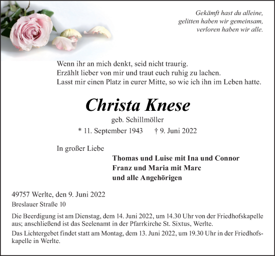 Traueranzeige von Christa Knese von Neue Osnabrücker Zeitung GmbH & Co. KG