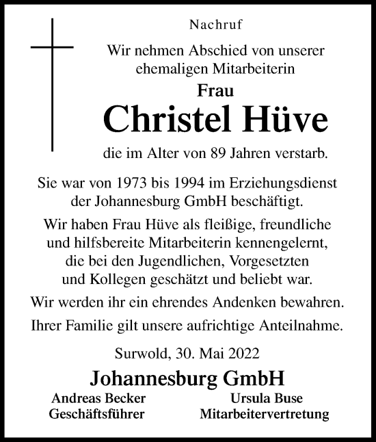 Traueranzeige von Christel Hüve von Neue Osnabrücker Zeitung GmbH & Co. KG