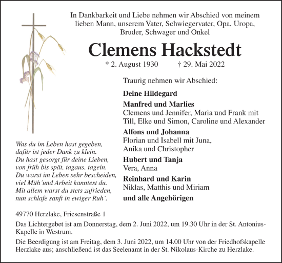 Traueranzeige von Clemens Hackstedt von Neue Osnabrücker Zeitung GmbH & Co. KG