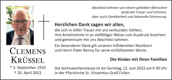 Traueranzeige von Clemens Krüssel von Neue Osnabrücker Zeitung GmbH & Co. KG