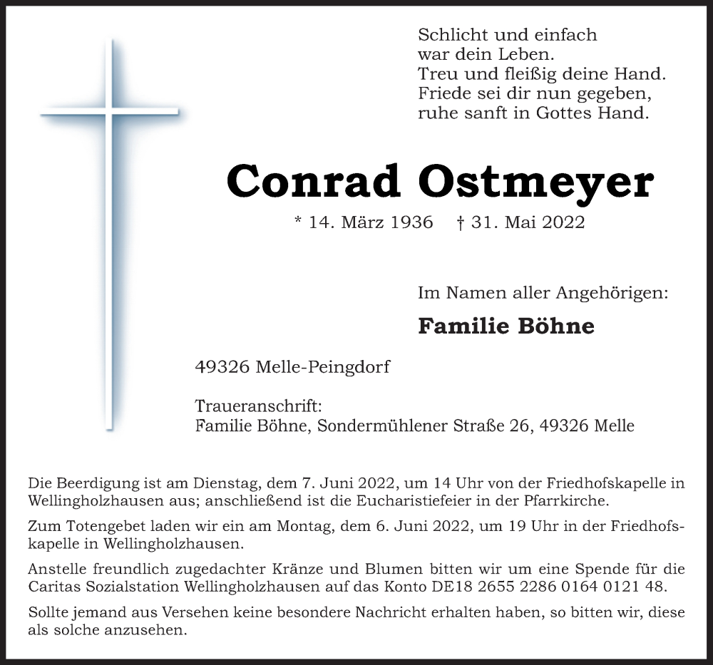  Traueranzeige für Conrad Ostmeyer vom 02.06.2022 aus Neue Osnabrücker Zeitung GmbH & Co. KG