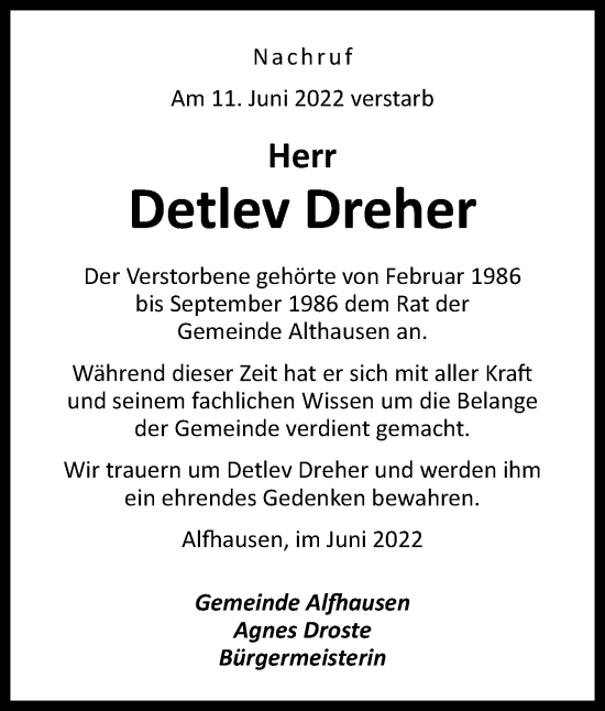 Traueranzeige von Detlev Dreher von Neue Osnabrücker Zeitung GmbH & Co. KG