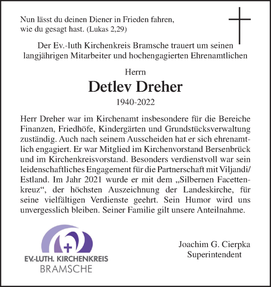 Traueranzeige von Detlev Dreher von Neue Osnabrücker Zeitung GmbH & Co. KG