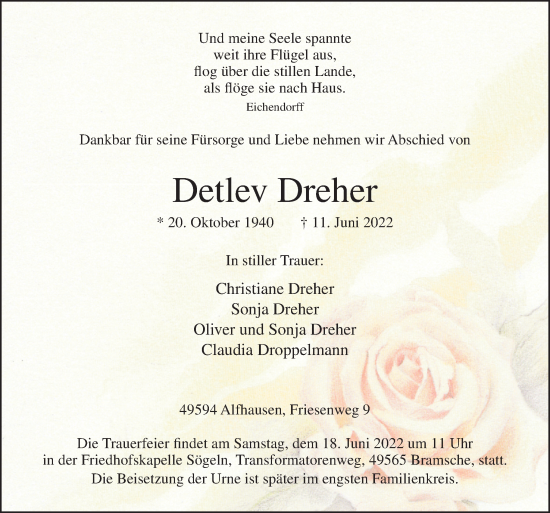 Traueranzeige von Detlev Dreher von Neue Osnabrücker Zeitung GmbH & Co. KG