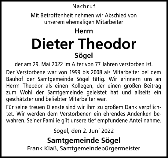 Traueranzeige von Dieter Theodor von Neue Osnabrücker Zeitung GmbH & Co. KG