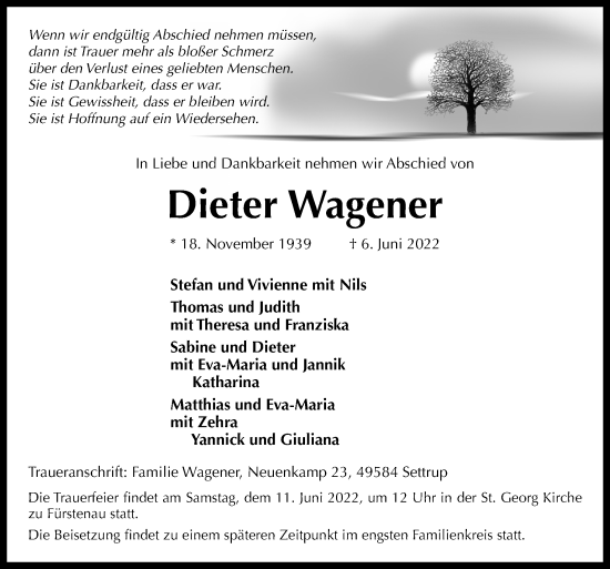 Traueranzeige von Dieter Wagener von Neue Osnabrücker Zeitung GmbH & Co. KG