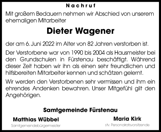 Traueranzeige von Dieter Wagener von Neue Osnabrücker Zeitung GmbH & Co. KG
