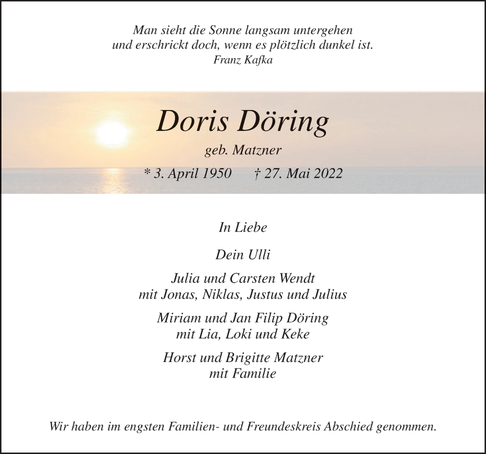  Traueranzeige für Doris Döring vom 04.06.2022 aus Neue Osnabrücker Zeitung GmbH & Co. KG