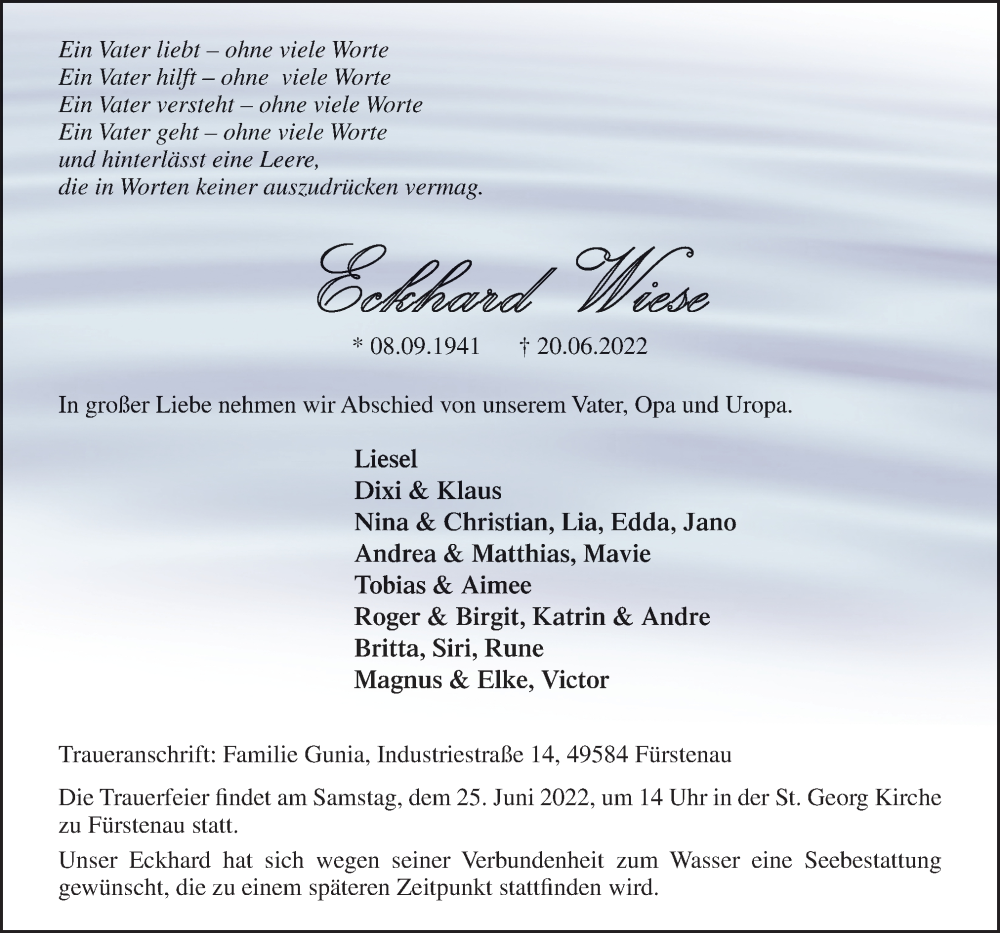  Traueranzeige für Eckhard Wiese vom 23.06.2022 aus Neue Osnabrücker Zeitung GmbH & Co. KG