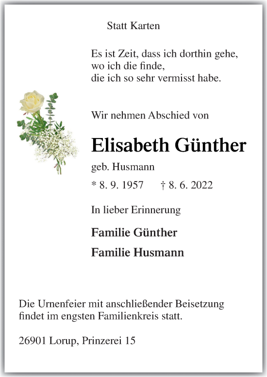 Traueranzeige von Elisabeth Günther von Neue Osnabrücker Zeitung GmbH & Co. KG