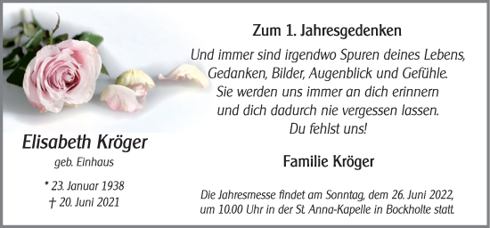 Traueranzeige von Elisabeth Kröger von Neue Osnabrücker Zeitung GmbH & Co. KG