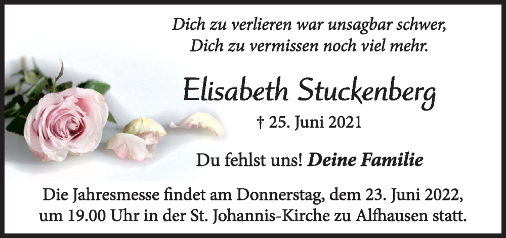  Traueranzeige für Elisabeth Stuckenberg vom 18.06.2022 aus Neue Osnabrücker Zeitung GmbH & Co. KG