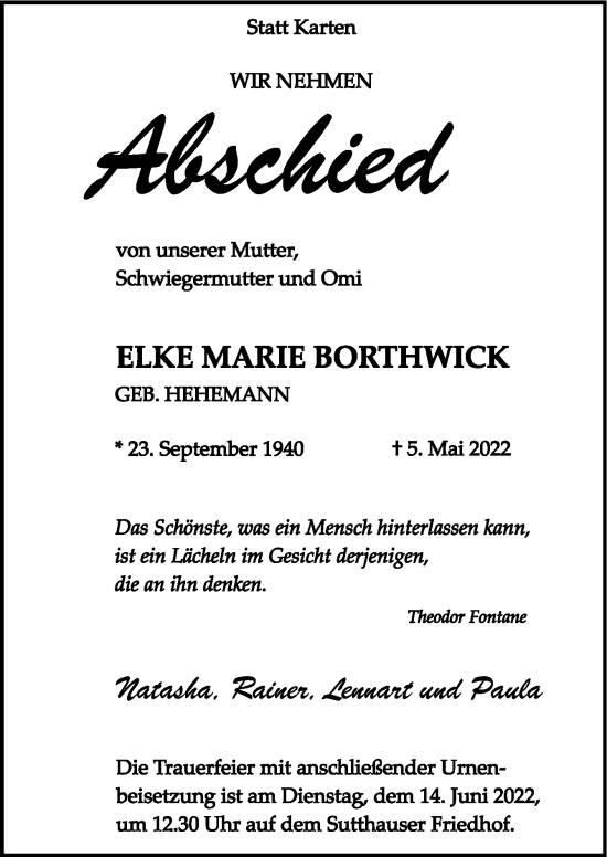 Traueranzeige von Elke Marie Borthwick von Neue Osnabrücker Zeitung GmbH & Co. KG