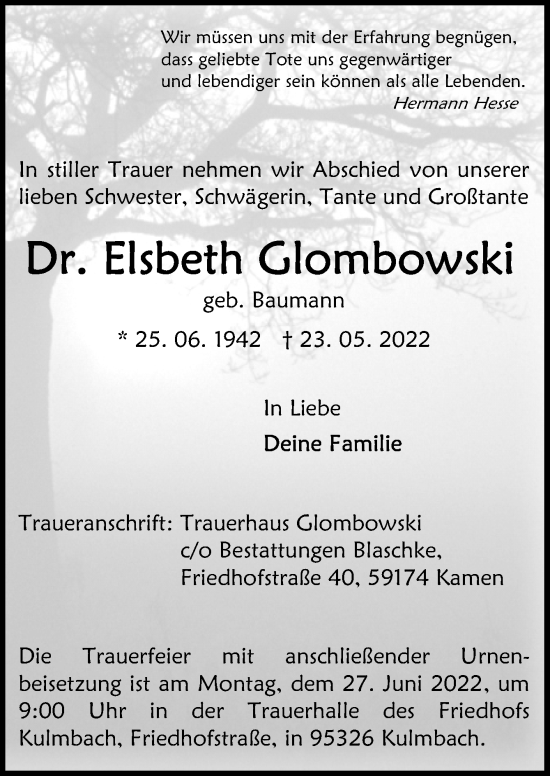 Traueranzeige von Elsbeth Glombowski von Neue Osnabrücker Zeitung GmbH & Co. KG