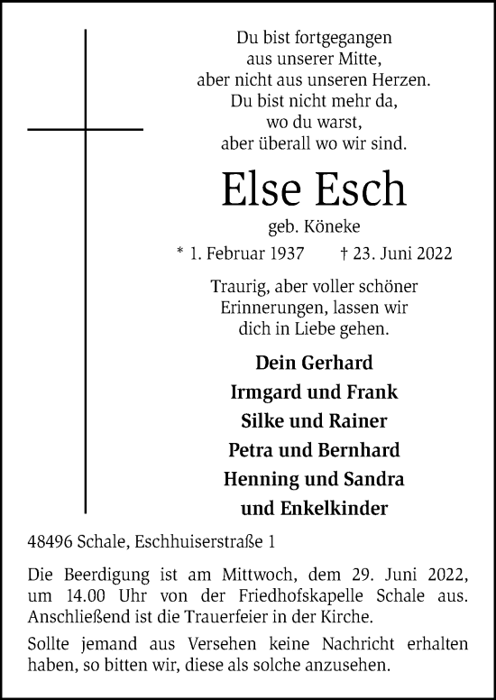 Traueranzeige von Else Esch von Neue Osnabrücker Zeitung GmbH & Co. KG