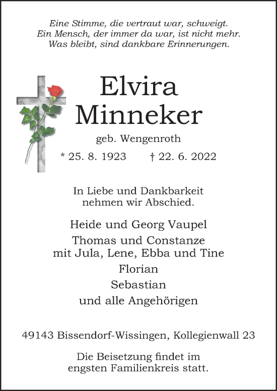 Traueranzeige von Elvira Minneker von Neue Osnabrücker Zeitung GmbH &amp; Co. KG