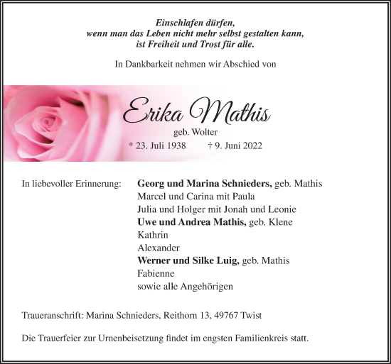 Traueranzeige von Erika Mathis von Neue Osnabrücker Zeitung GmbH & Co. KG