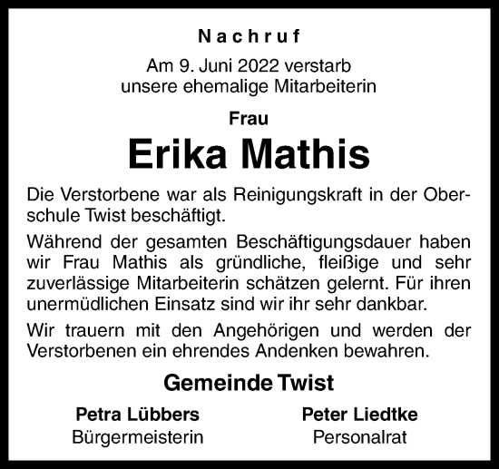 Traueranzeige von Erika Mathis von Neue Osnabrücker Zeitung GmbH & Co. KG