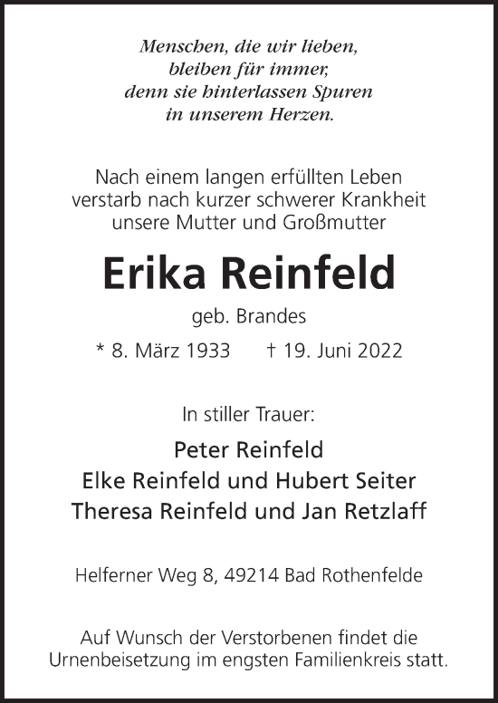 Traueranzeige von Erika Reinfeld von Neue Osnabrücker Zeitung GmbH & Co. KG