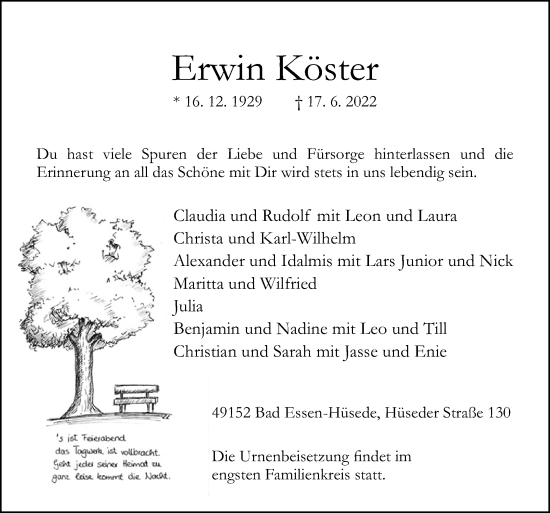 Traueranzeige von Erwin Köster von Neue Osnabrücker Zeitung GmbH & Co. KG