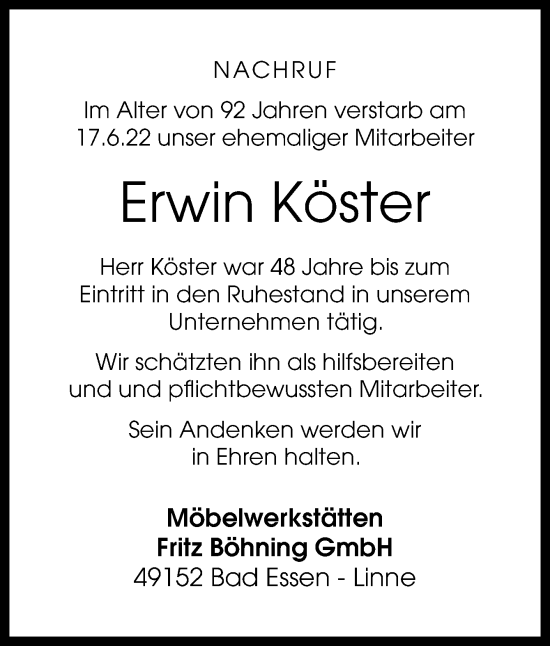 Traueranzeige von Erwin Köster von Neue Osnabrücker Zeitung GmbH & Co. KG