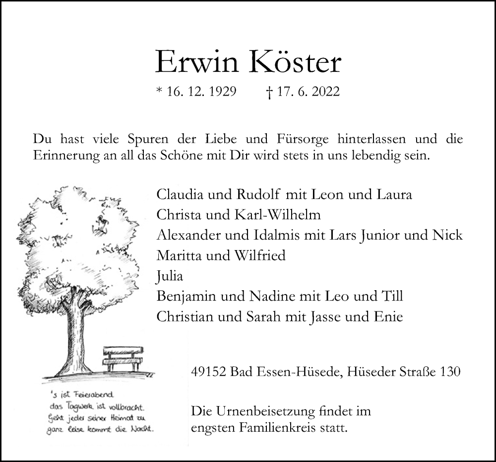  Traueranzeige für Erwin Köster vom 21.06.2022 aus Neue Osnabrücker Zeitung GmbH & Co. KG