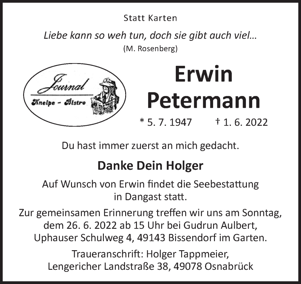  Traueranzeige für Erwin Petermann vom 11.06.2022 aus Neue Osnabrücker Zeitung GmbH & Co. KG