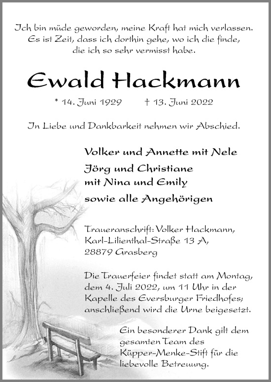 Traueranzeige von Ewald Hackmann von Neue Osnabrücker Zeitung GmbH & Co. KG