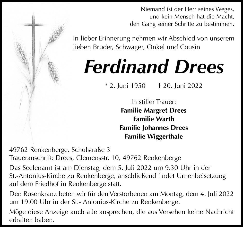  Traueranzeige für Ferdinand Drees vom 28.06.2022 aus Neue Osnabrücker Zeitung GmbH & Co. KG