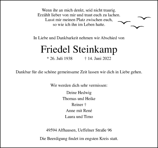 Traueranzeige von Friedel Steinkamp von Neue Osnabrücker Zeitung GmbH & Co. KG