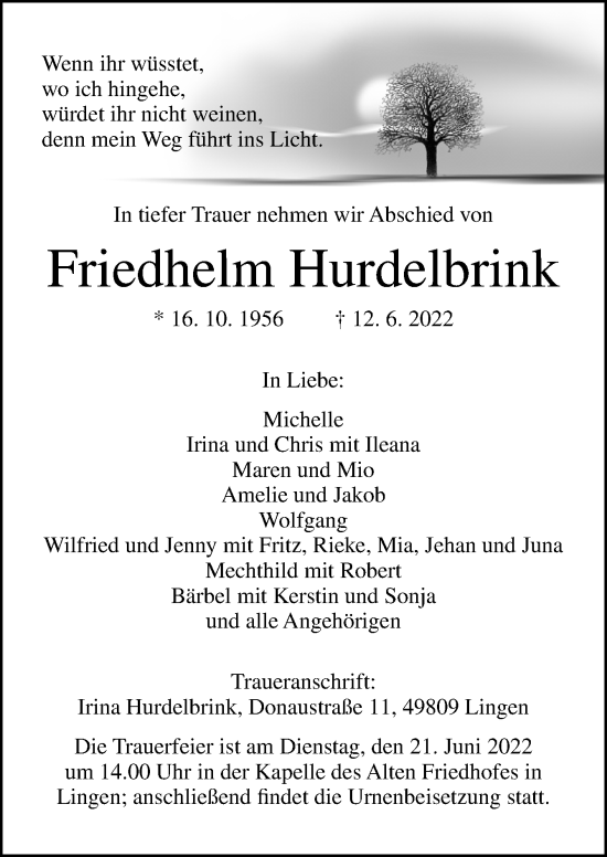 Traueranzeige von Friedhelm Hurdelbrink von Neue Osnabrücker Zeitung GmbH & Co. KG
